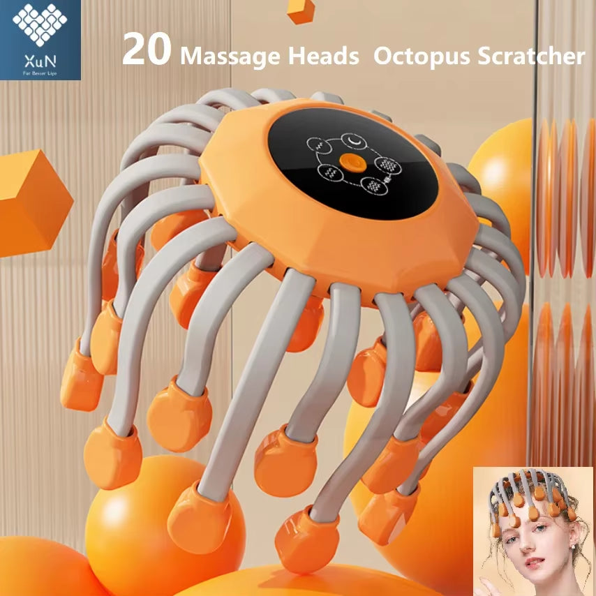 20Massage Heads Orange Scalp Head Massager Red Light Vibrator Octopus Scratcher for Relaxation Stress Migraine