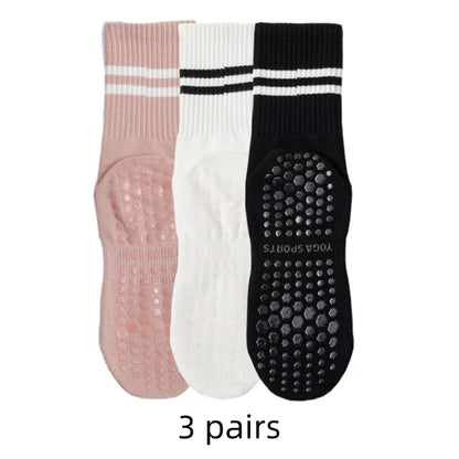 3 Pairs Women Non-slip Yoga Socks Mid-tube Breathable Pilates Sports Socks Ladies Cotton Fitness Dance Ballet Indoor Floor Socks