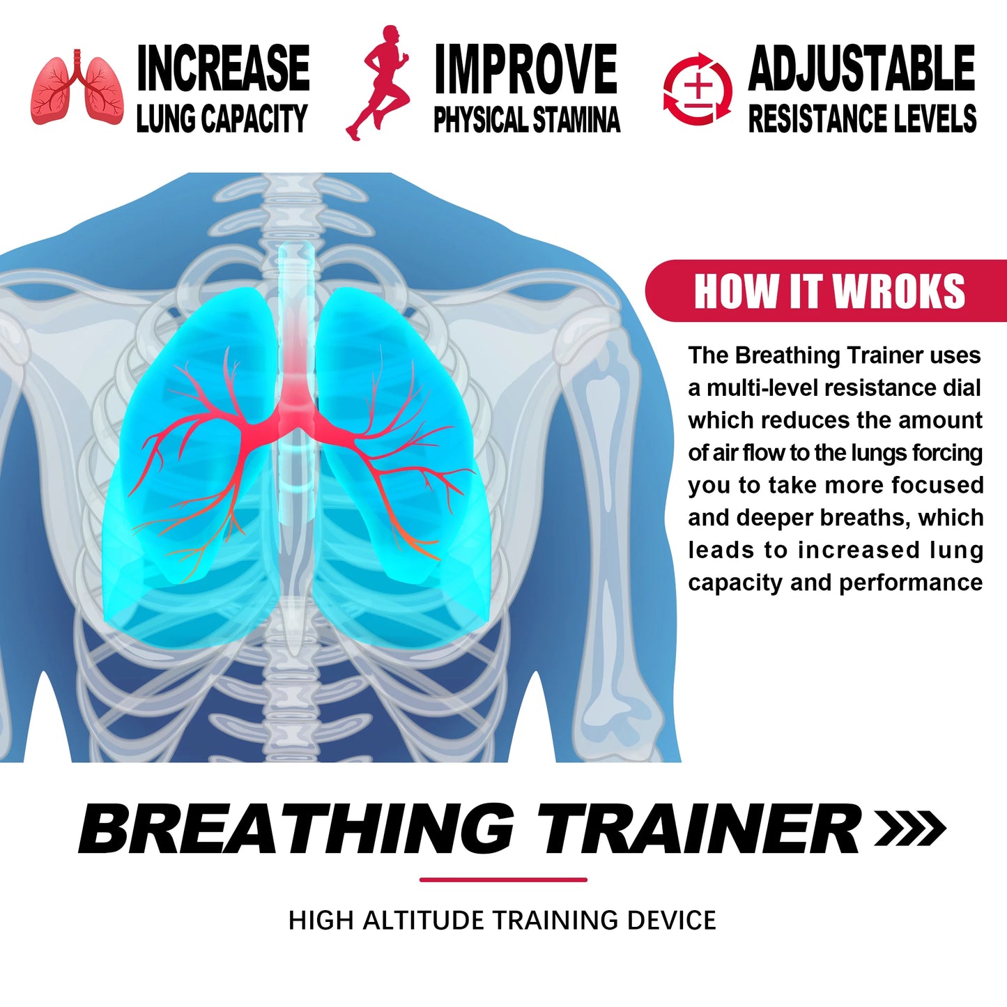 Portable Respiratory Trainer. Improve Breathing Capacity | Adjustable Resistance, Adjustable to Different Fitness Needs