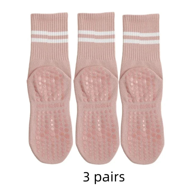 3 Pairs Women Non-slip Yoga Socks Mid-tube Breathable Pilates Sports Socks Ladies Cotton Fitness Dance Ballet Indoor Floor Socks