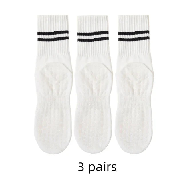 3 Pairs Women Non-slip Yoga Socks Mid-tube Breathable Pilates Sports Socks Ladies Cotton Fitness Dance Ballet Indoor Floor Socks