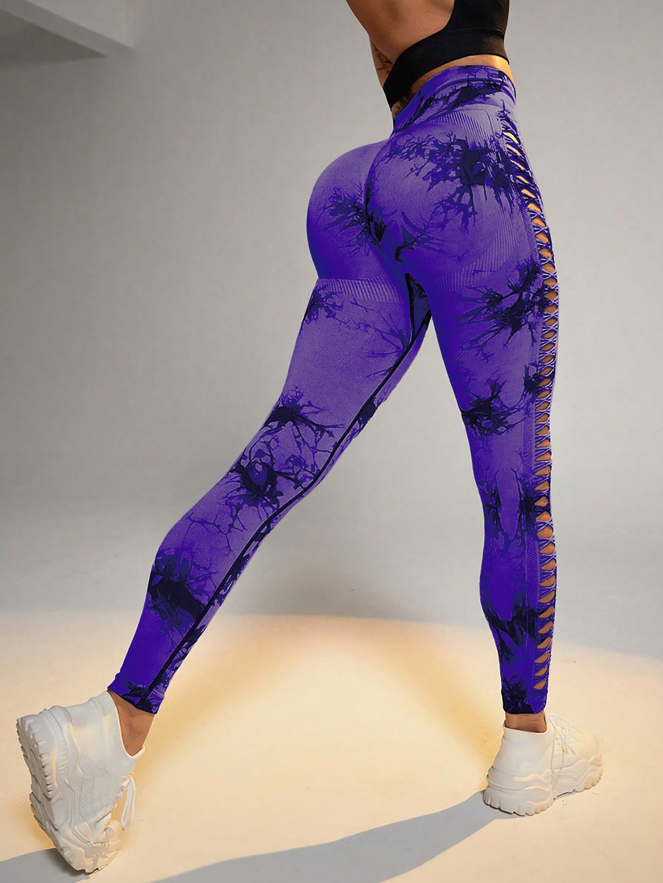 Cut Out Side Hollow Tie Dyed Yoga Pants, High Waist and Hip Lifting Fitness Pants with Side Hollow Seamless Sports Tights, Workout Gym Yoga Pants Scrunch Butt Lift Tights